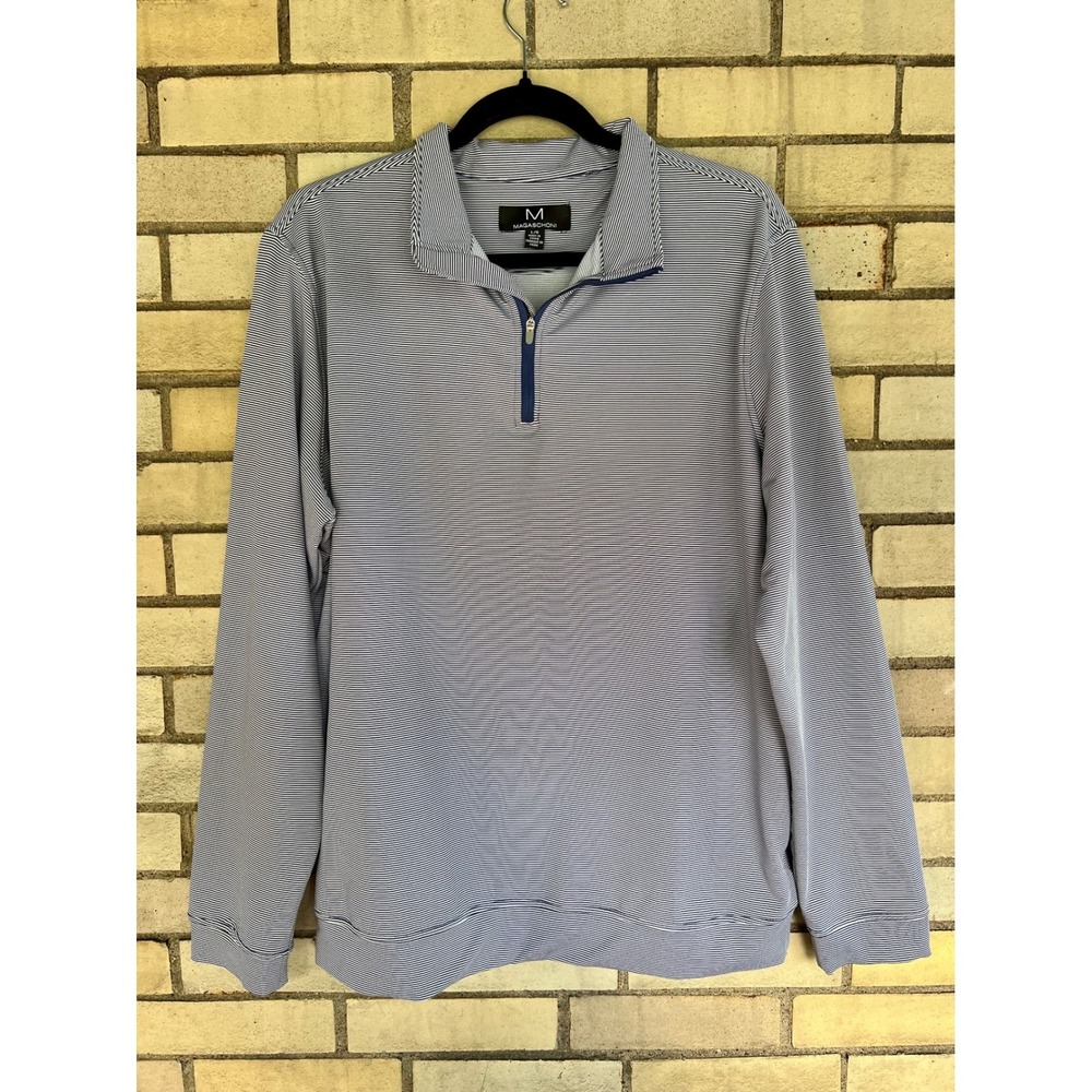 Magaschoni Mens Blue White Striped Quarter Zip Pullover Large